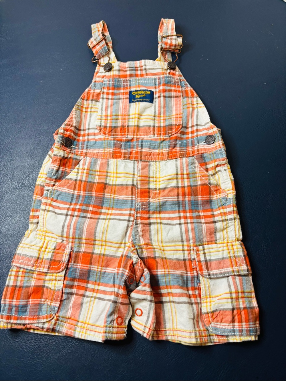 OshKosh B'gosh Orange Plaid Short Overalls Vestbak Sz 18 mo